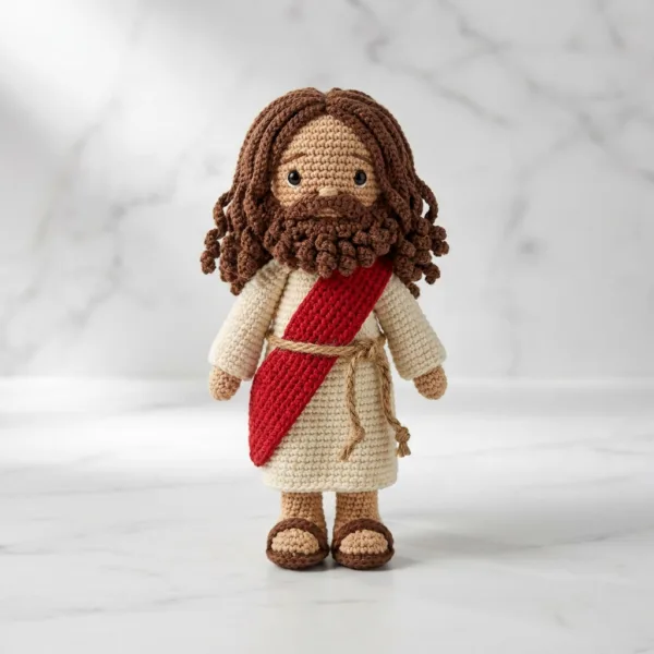 Jesus Amigurumi Doll with Curly Hair, Red Sash, and Sandals Crochet Pattern
