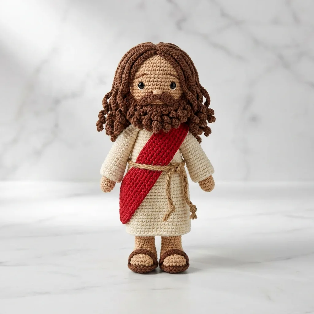 Jesus Amigurumi Doll with Curly Hair, Red Sash, and Sandals Crochet Pattern