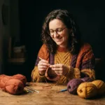 Denise crocheting at a wooden table