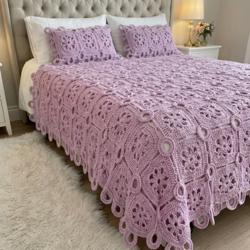 Lilac Flower Granny Square Bed Cover with Rings Crochet Pattern step detail