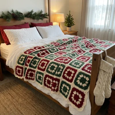 Christmas Granny Square Bed Cover Crochet Pattern step 1 - construction progress