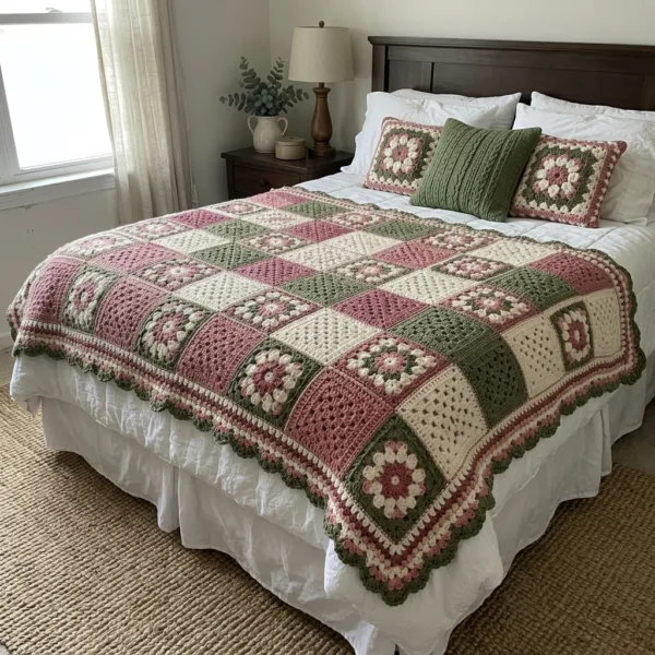 Floral Granny Square Bed Cover Crochet Pattern