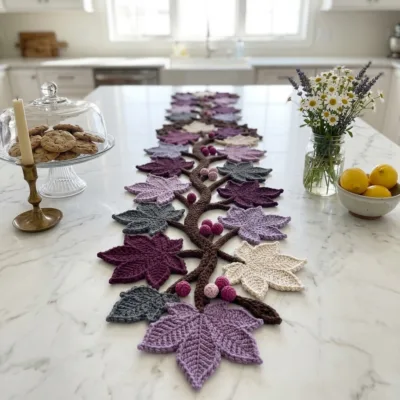 Plum Maple Leaf Branch Table Runner Crochet Pattern step 1 - construction progress