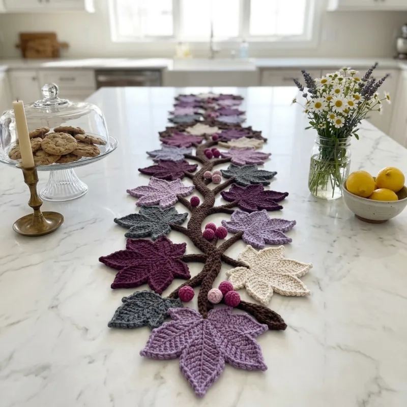 Plum Maple Leaf Branch Table Runner Crochet Pattern step 1 - construction progress