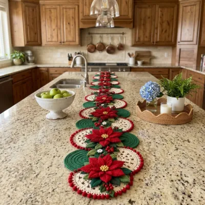 Poinsettia Lace Disc Christmas Table Runner Crochet Pattern step 1 - construction progress