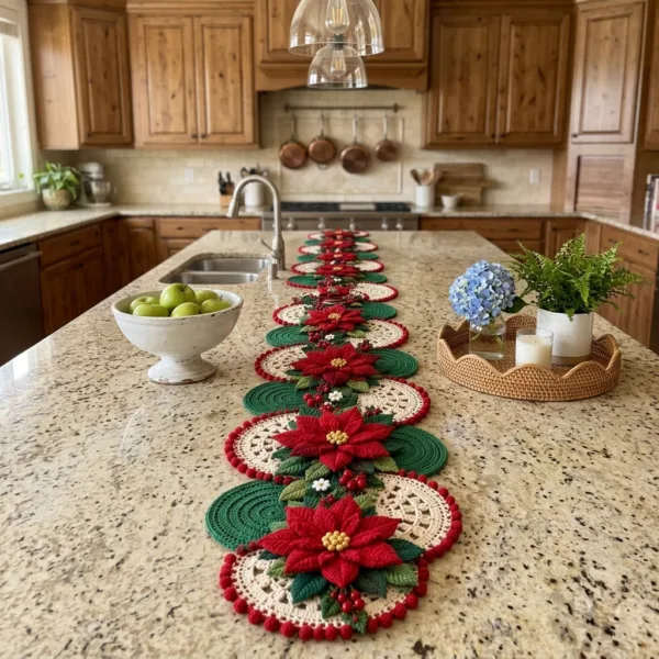 Poinsettia Lace Disc Christmas Table Runner Crochet Pattern