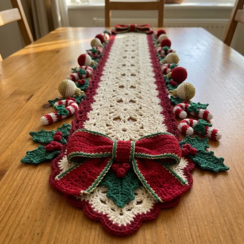 Christmas Candy Cane Table Runner Crochet Pattern step detail