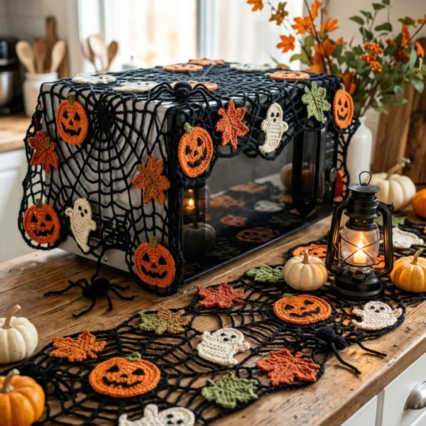 Halloween Pumpkin Lace Appliance Cover and Table Runner Crochet Pattern Set