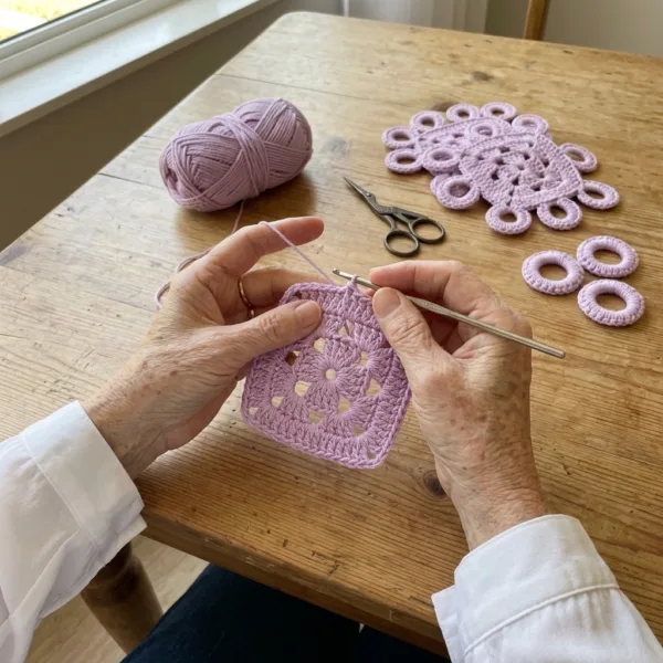 Lilac Flower Granny Square Bed Cover with Rings Crochet Pattern