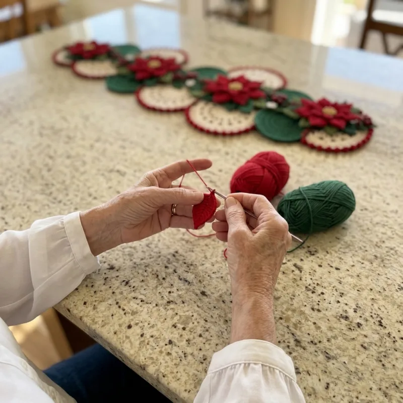 Poinsettia Lace Disc Christmas Table Runner Crochet Pattern step detail