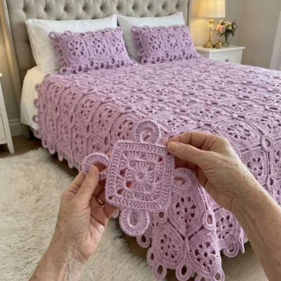 Lilac Flower Granny Square Bed Cover with Rings Crochet Pattern step 1 - construction progress