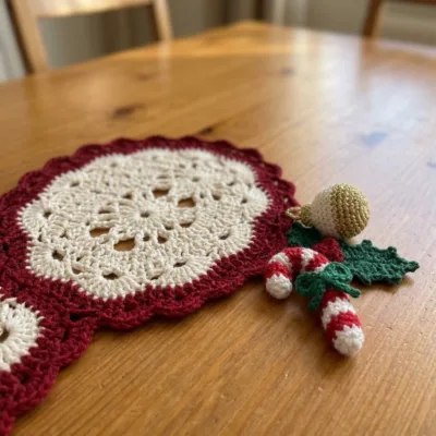 Christmas Candy Cane Table Runner Crochet Pattern step 1 - construction progress