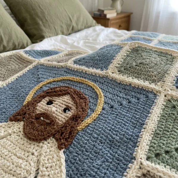 Large Jesus Panel Granny Square Bed Cover Crochet Pattern