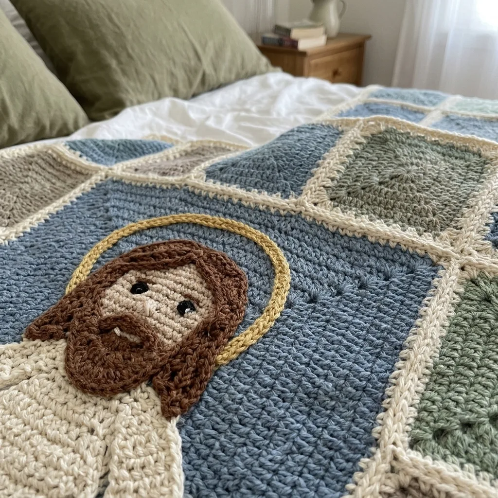 Large Jesus Panel Granny Square Bed Cover Crochet Pattern