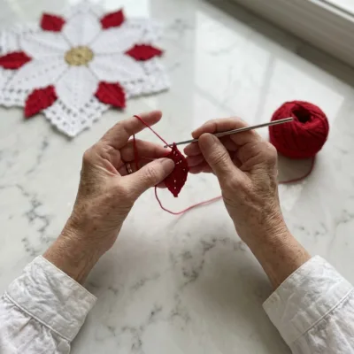 Poinsettia Placemat and Napkin Ring Crochet Pattern step 1 - construction progress