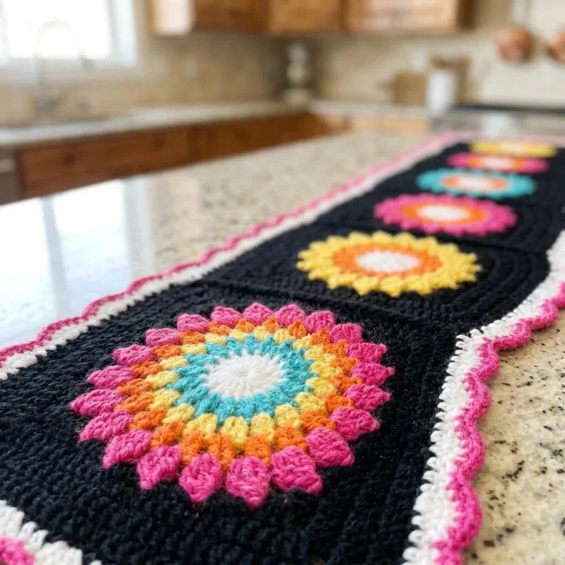 Black Rainbow Sunburst Table Runner Crochet Pattern step detail