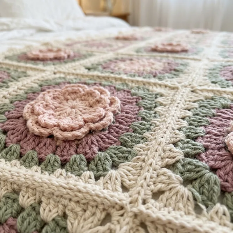 Blush Peony Granny Square Bed Cover Crochet Pattern step detail