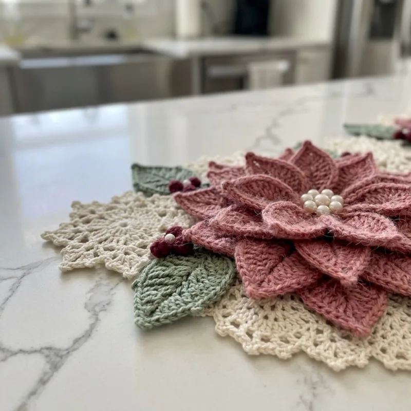 Pink Poinsettia Snowflake Table Runner Crochet Pattern step detail