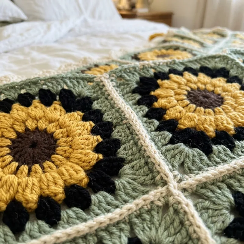 Sunflower Black Granny Square Bed Cover Crochet Pattern step detail