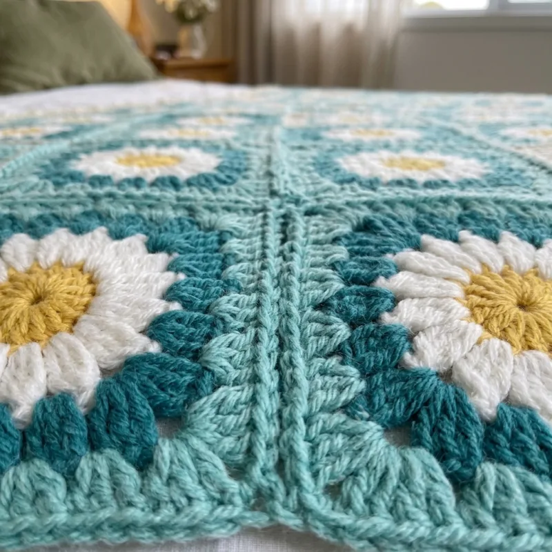 Teal Daisy Granny Square Bed Cover Crochet Pattern step detail