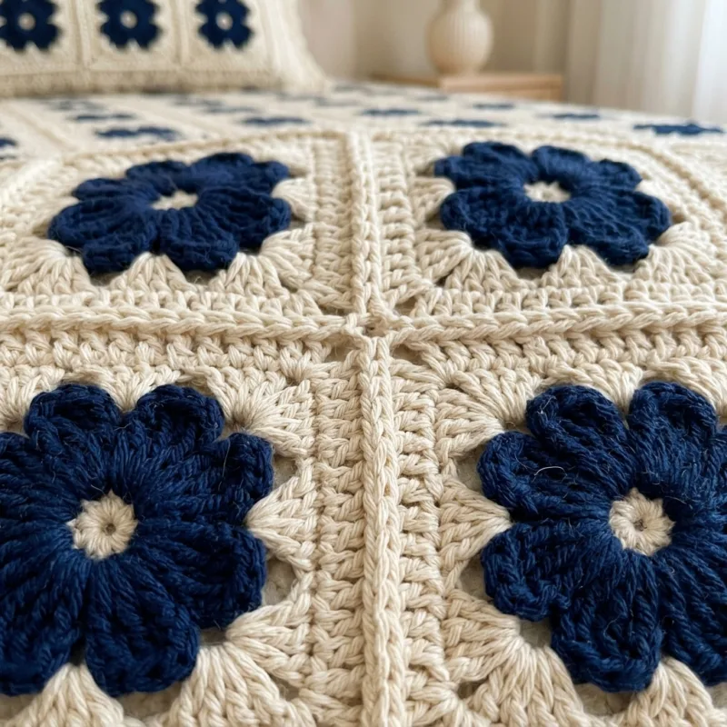Navy Flower Granny Square Bed Cover Crochet Pattern step detail