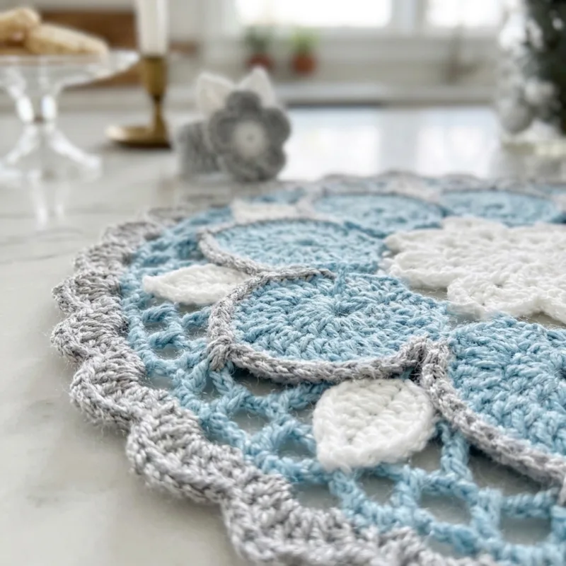 Frosted Snowflake Placemat and Napkin Ring Set Crochet Pattern step detail