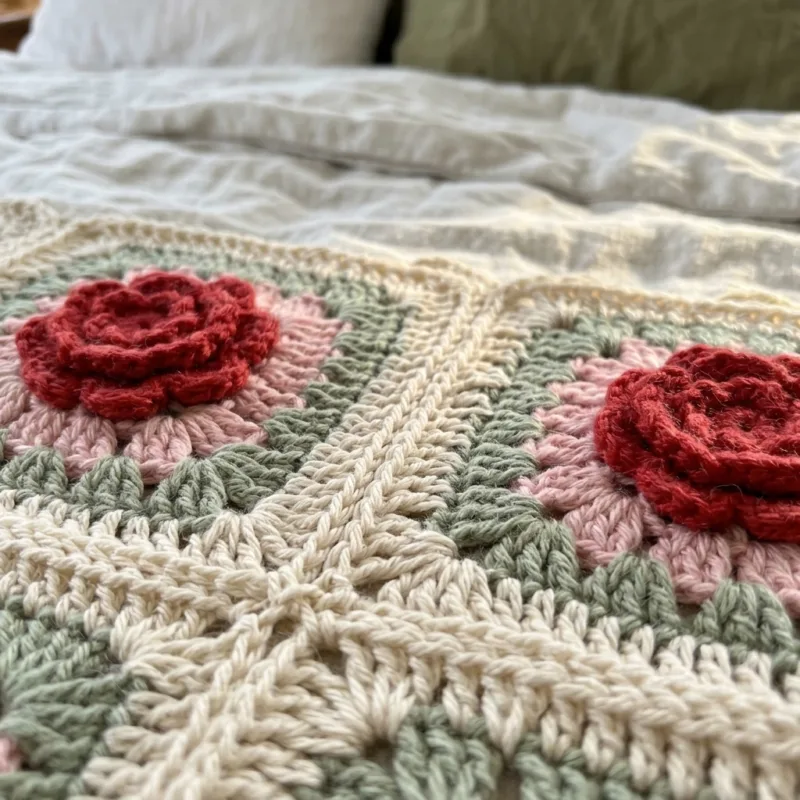Red Rose Garden Granny Square Bed Cover Crochet Pattern step detail
