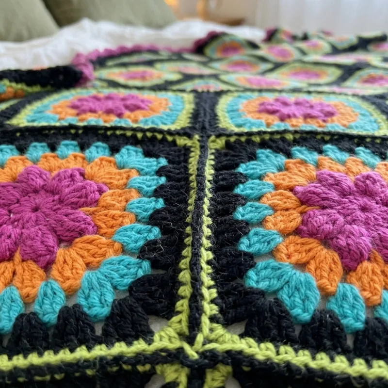 Neon Flower Black Granny Square Bed Cover Crochet Pattern step detail