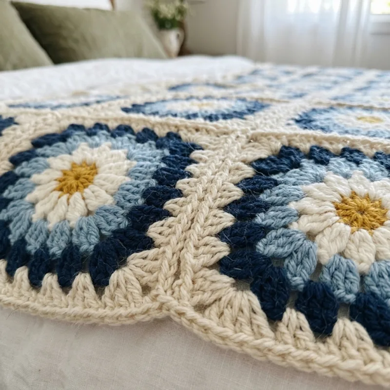 Blue Daisy Granny Square Bed Cover Crochet Pattern step detail