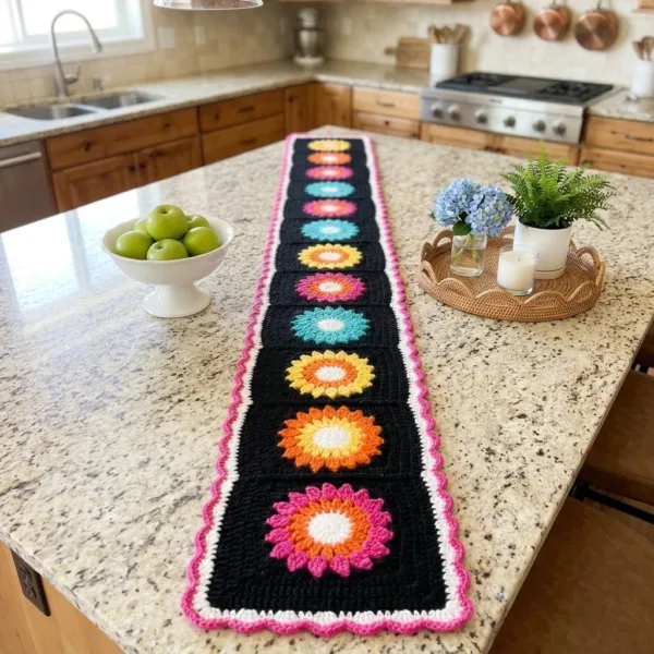 Black Rainbow Sunburst Table Runner Crochet Pattern