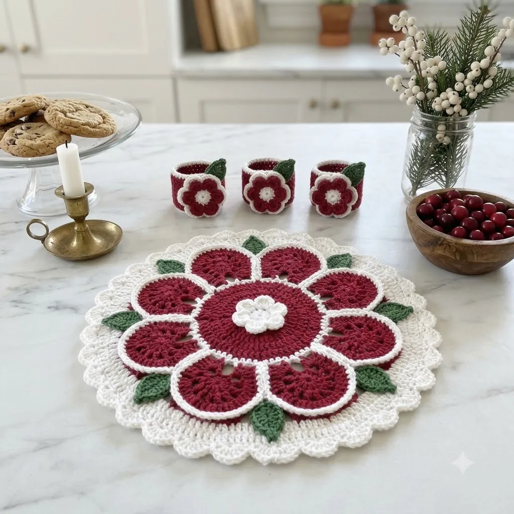Cranberry Snowflake Placemat and Napkin Ring Set Crochet Pattern