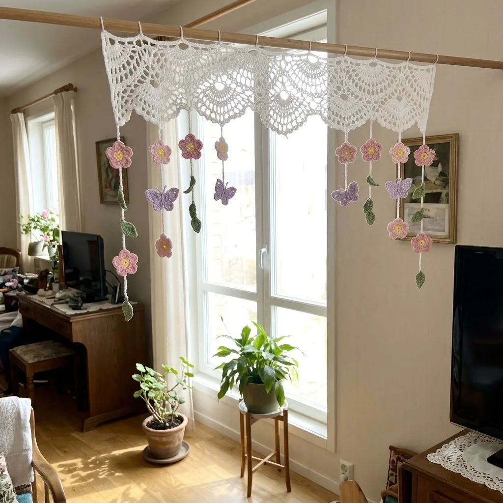 Pink Blossom and Butterfly Strand Window Valance Crochet Pattern