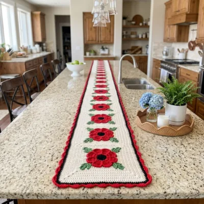 Red Poppy Field Table Runner Crochet Pattern - finished amigurumi