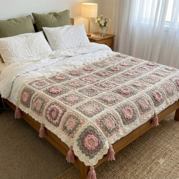 Blush Peony Granny Square Bed Cover Crochet Pattern