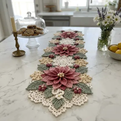 Pink Poinsettia Snowflake Table Runner Crochet Pattern - finished amigurumi