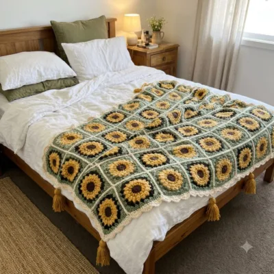 Sunflower Black Granny Square Bed Cover Crochet Pattern - finished amigurumi