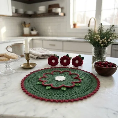 Holly Berry Wreath Placemat and Napkin Ring Set Crochet Pattern - finished amigurumi