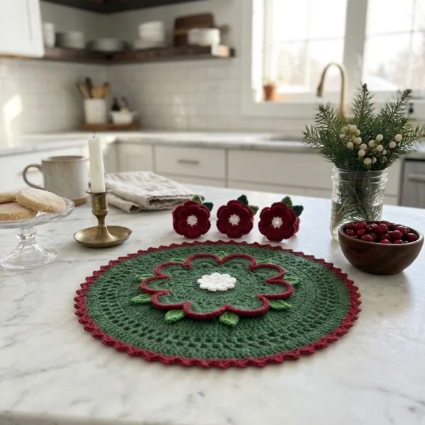 Holly Berry Wreath Placemat and Napkin Ring Set Crochet Pattern