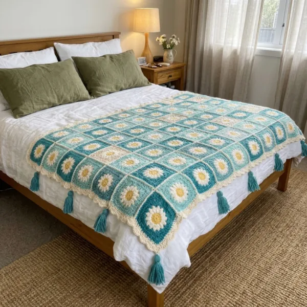 Teal Daisy Granny Square Bed Cover Crochet Pattern