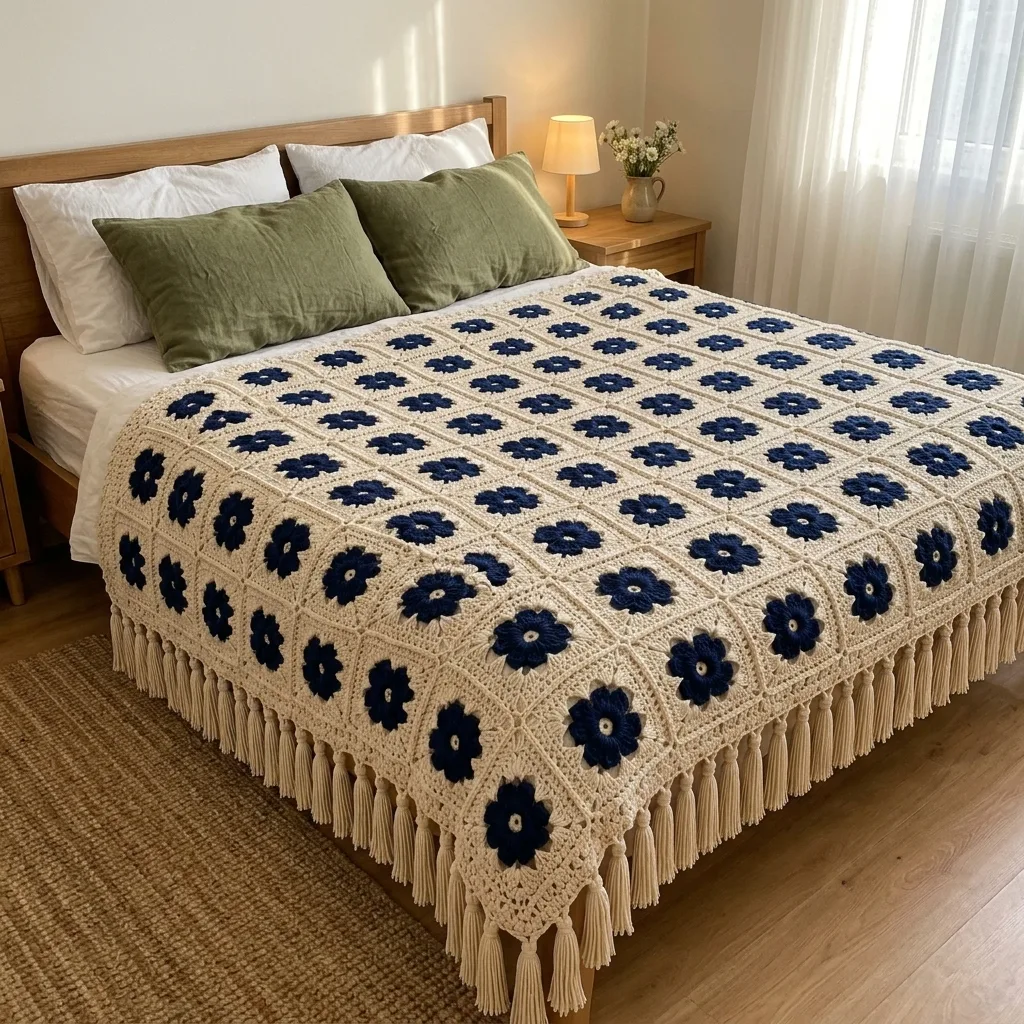 Navy Flower Granny Square Bed Cover Crochet Pattern