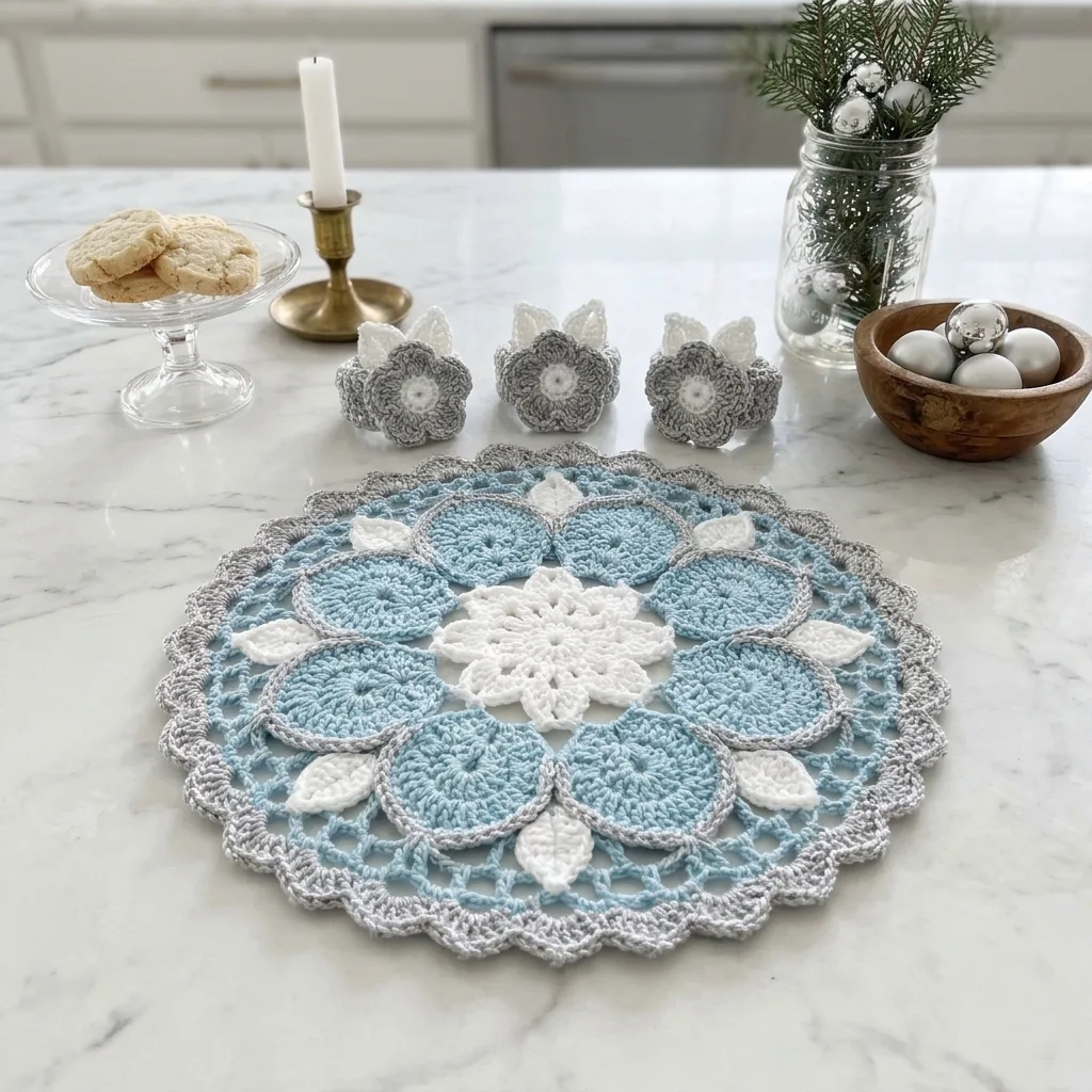 Frosted Snowflake Placemat and Napkin Ring Set Crochet Pattern