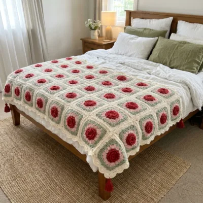 Red Rose Garden Granny Square Bed Cover Crochet Pattern - finished amigurumi