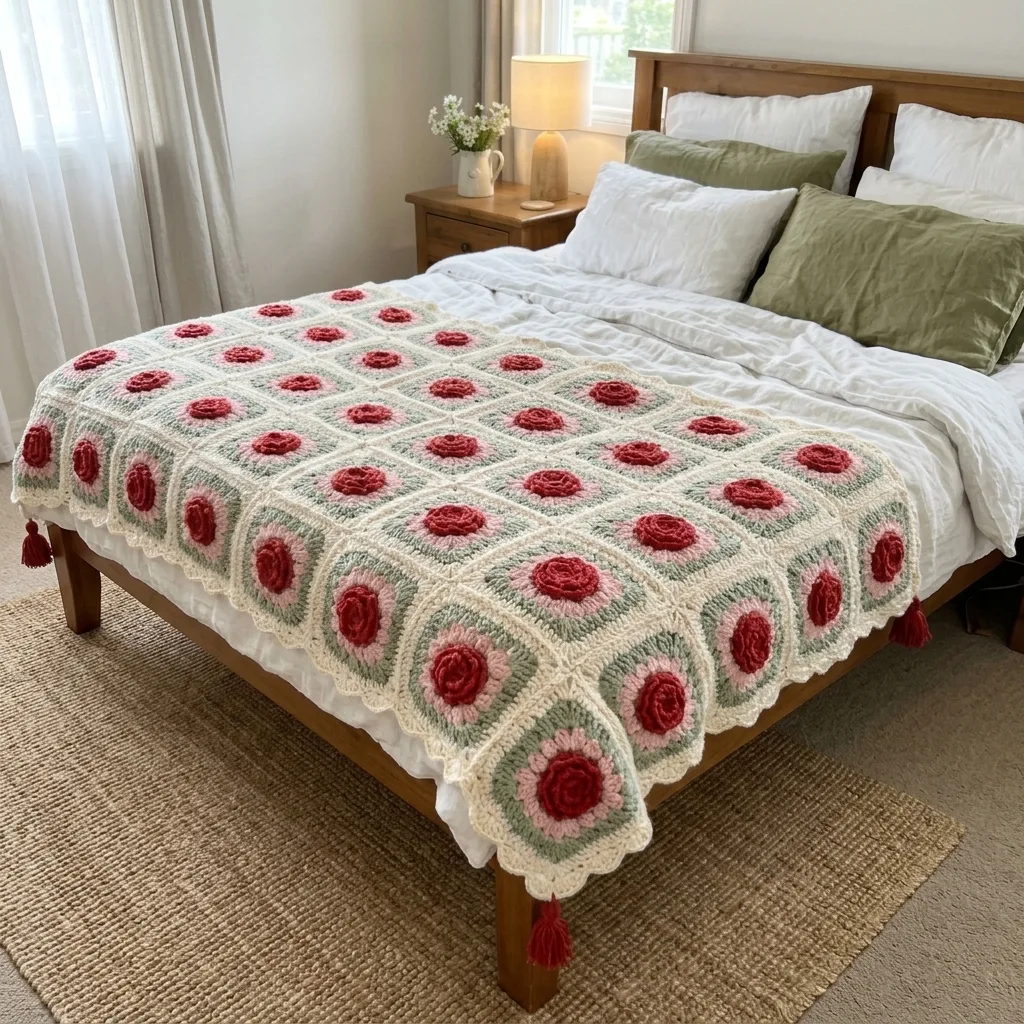 Red Rose Garden Granny Square Bed Cover Crochet Pattern