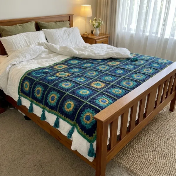 Peacock Feather Granny Square Bed Cover Crochet Pattern