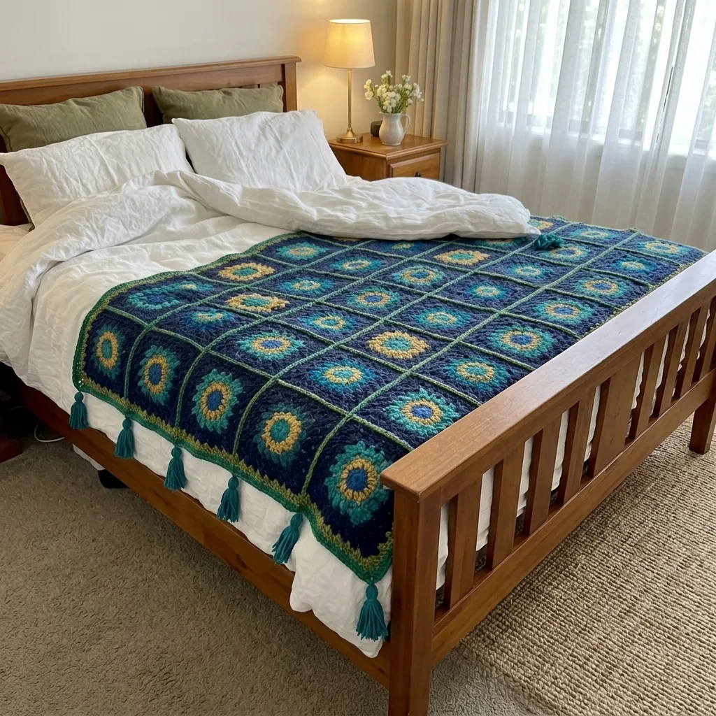 Peacock Feather Granny Square Bed Cover Crochet Pattern
