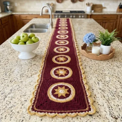 Gold Star Burgundy Table Runner Crochet Pattern - finished amigurumi
