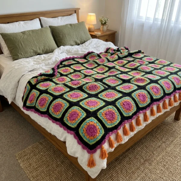 Neon Flower Black Granny Square Bed Cover Crochet Pattern