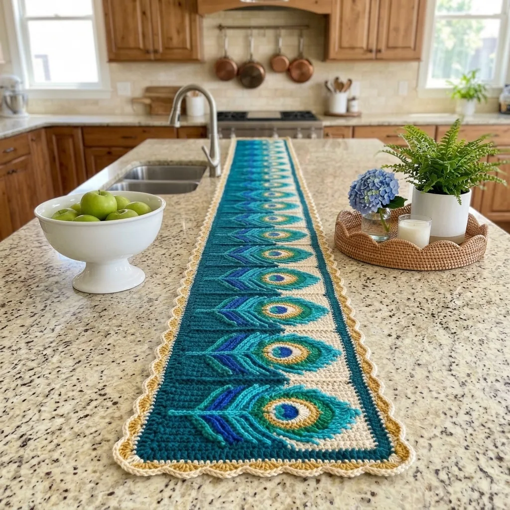 Teal Peacock Feather Table Runner Crochet Pattern