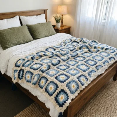 Blue Daisy Granny Square Bed Cover Crochet Pattern - finished amigurumi