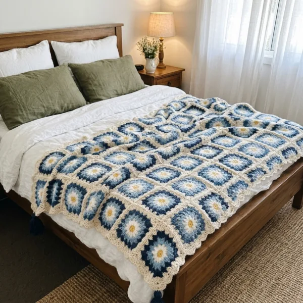 Blue Daisy Granny Square Bed Cover Crochet Pattern